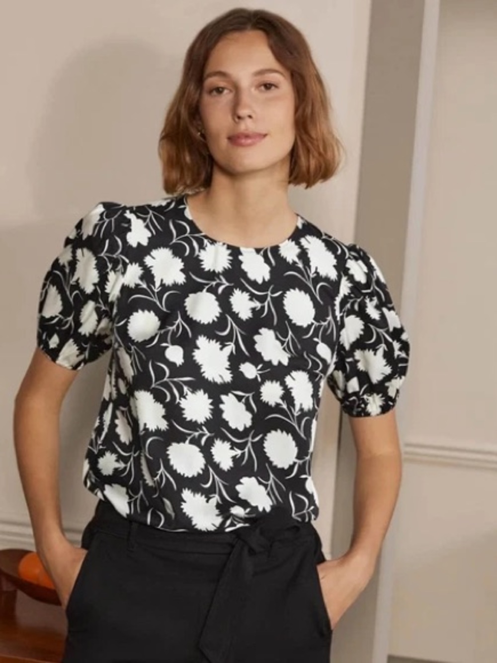 Boden Adriana Puff Sleeve Silk Blouse Black And White Women’s Top Size US 8